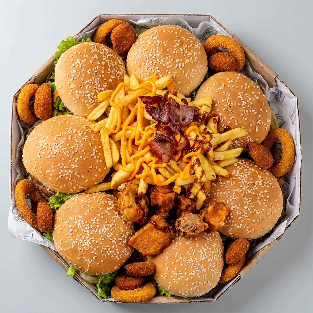 7 hambúrgueres + 2 litros + batata frita + frango à passarinho + anel de cebola + nuggets
