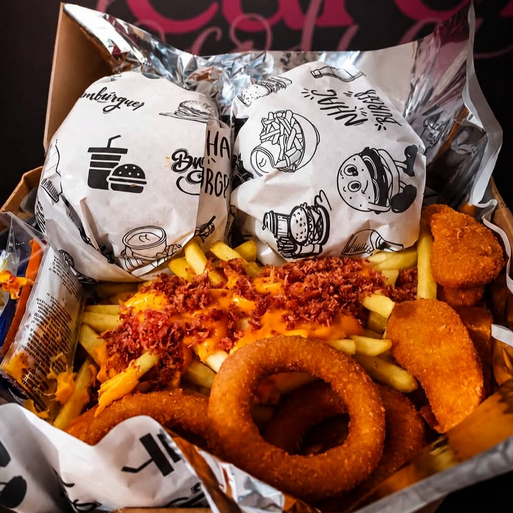 2 xtudo,4 aneis de cenola,4 nuguets,batata frita e cheddar