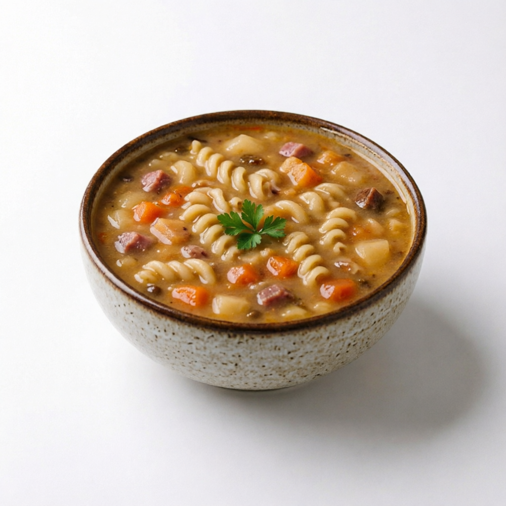 Sopa preparada com feijão batido, macarrão, calabresa e bacon picadinhos. Uma receita encorpada, bem temperada e com sabor de comida feita em casa. Nossas sopas e caldos são preparados com antecedência, por isso não é possível retirar ou substituir ingredientes.