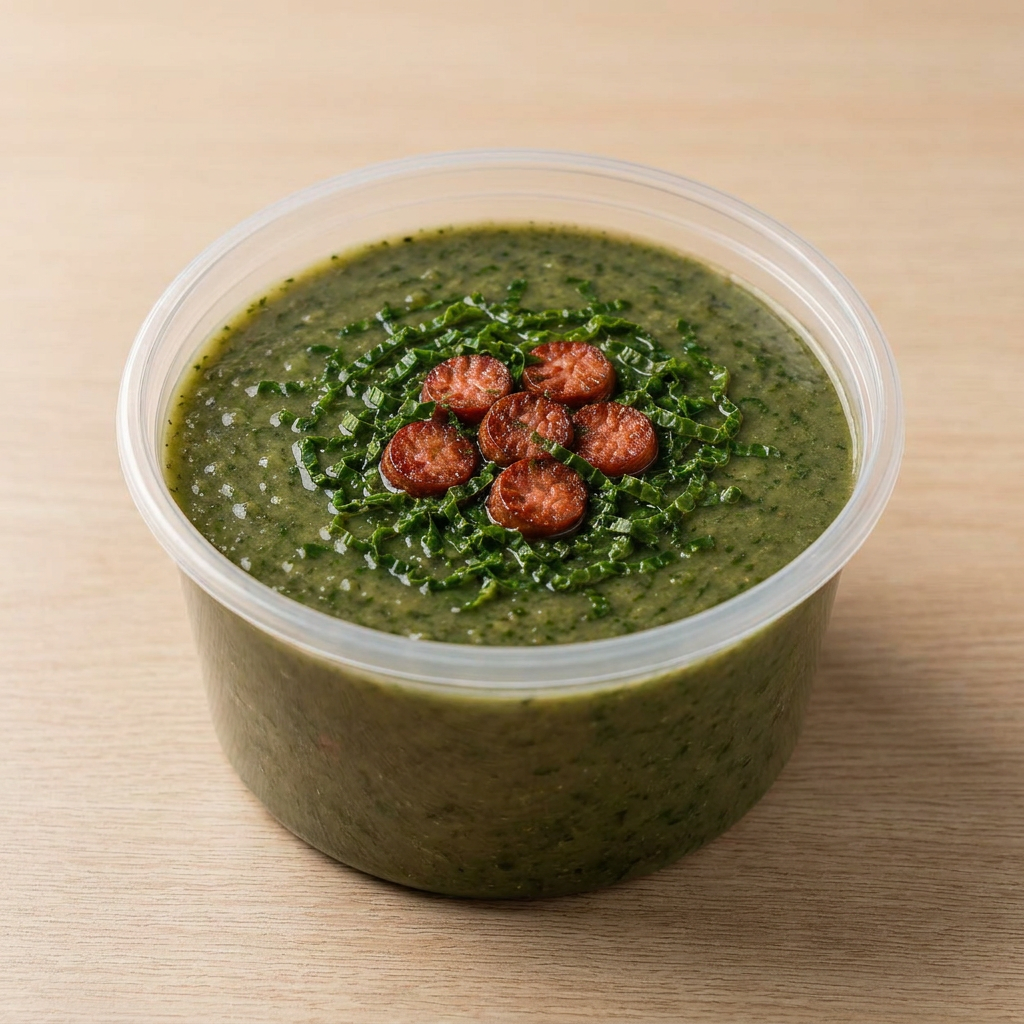 Delicioso Caldo Verde com batata e couve batido, calabresa e bacon em pedacinhos, preparado com muito sabor. A embalagem contém 500ml (tamanho médio) e é enviada quentinha, do jeito que a gente gosta! Atenção: Nossas sopas já estão prontas, então não é possível retirar ingredientes. Imagem meramente Ilustrativa
