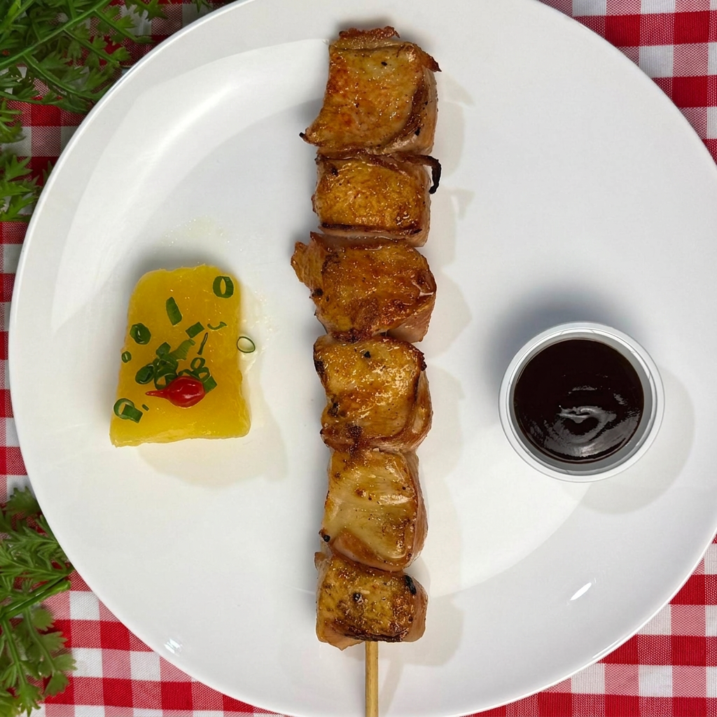 Espetinho de frango macio intercalado com bacon defumado, combinação irresistível na brasa.