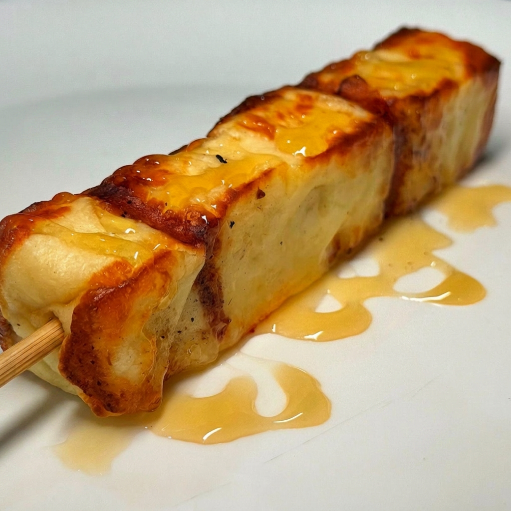 Espetinho de queijo coalho artesanal, grelhado na brasa com casca dourada e interior cremoso.