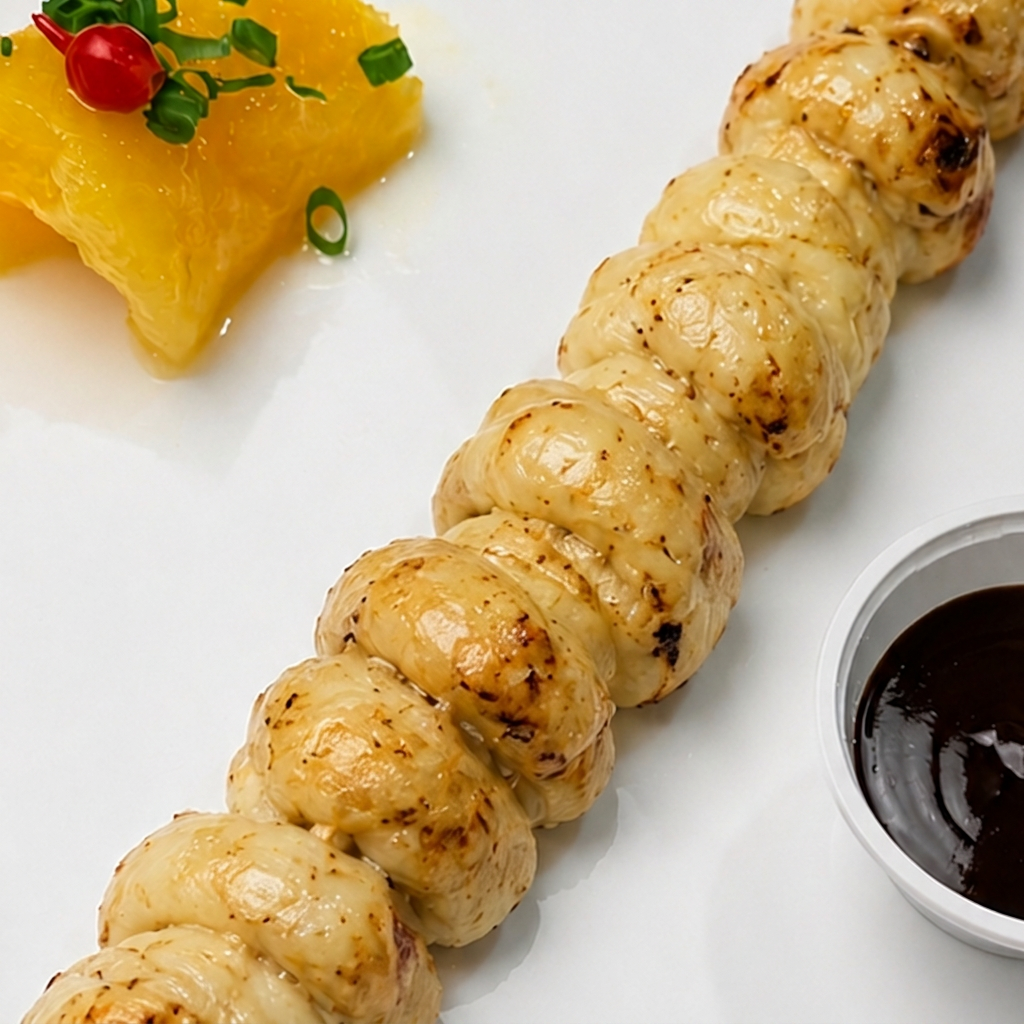Espetinho de provolone defumado premium, grelhado até dourar com casquinha crocante irresistível.