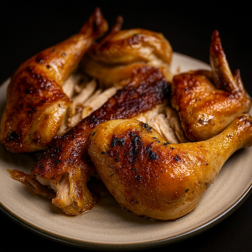 Frango assadu´s atropelado, especialidade da casa, dourado e suculento.