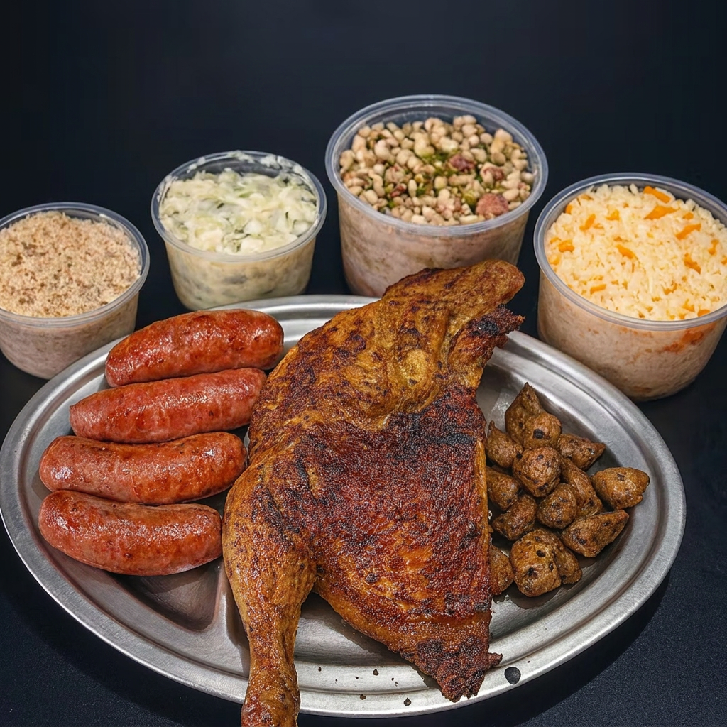 Meio frango assado com kit acompanhamento, 4 toscanas, 15 corações e Coca-Cola de 1 litro.