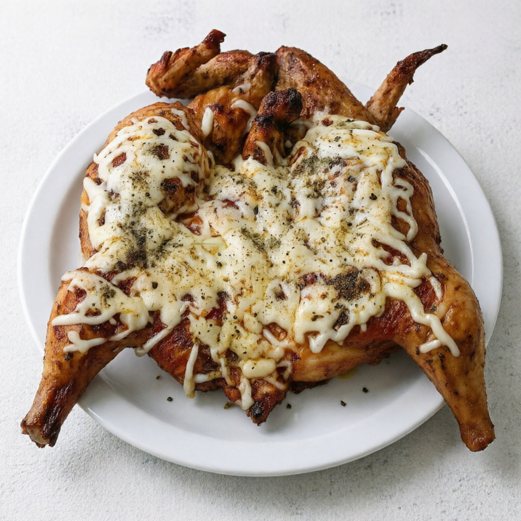 Frango assado com muzarela maçaricada, dourado, suculento e com queijo derretido.