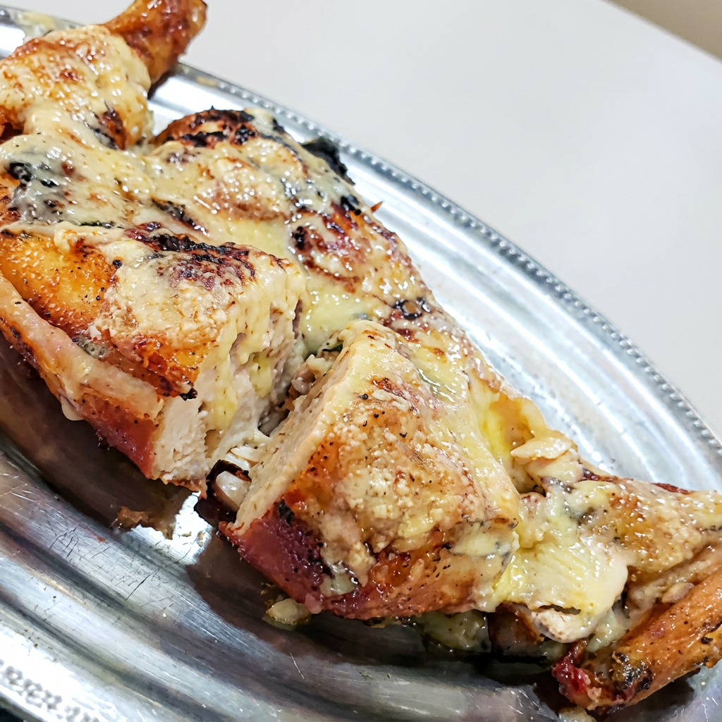 Meio frango assado parmesão, dourado e suculento, com o toque do queijo parmesão.