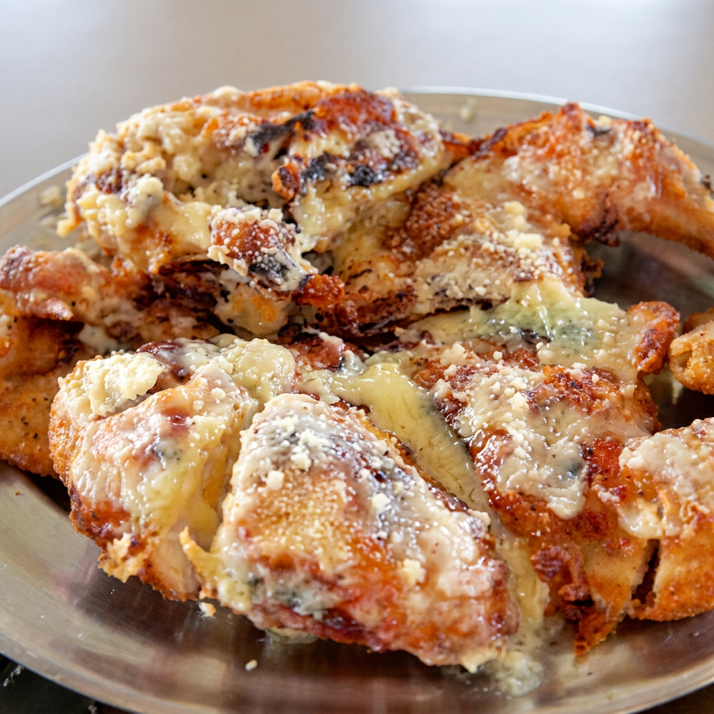 Frango assado parmesão, dourado e suculento, com o toque do queijo parmesão.
