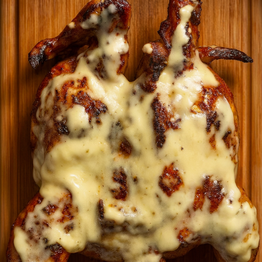 Frango assado provolone, dourado e suculento, com o toque cremoso do queijo provolone.