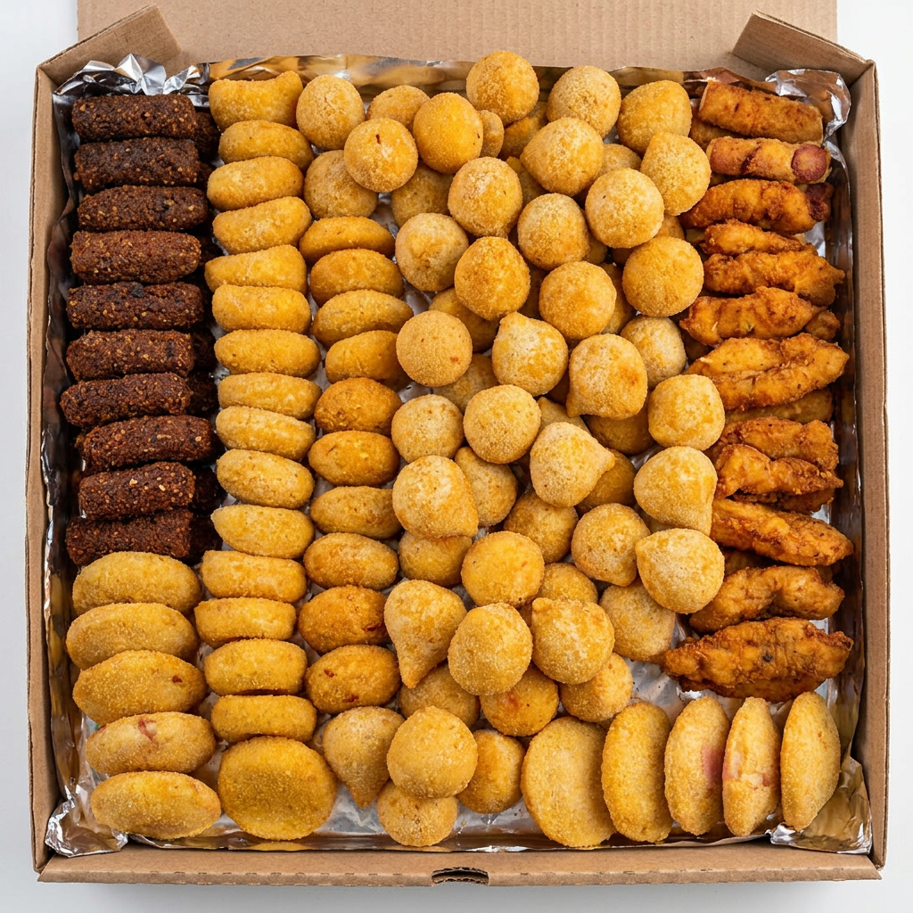 CARNE DE SOL, COXINHA DE FRANGO, RISOLE DE MILHO, RISOLE DE QUEIJO, ENROLADINHO DE SALSICHA E RISOLE DE PRESINTO E QUEIJO. *imagem ilustrativa*
observação: Mandamos os sabores disponíveis.