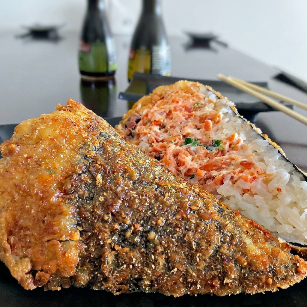 (salmão creme cheese e cebolinha) temaki empanado na alga.