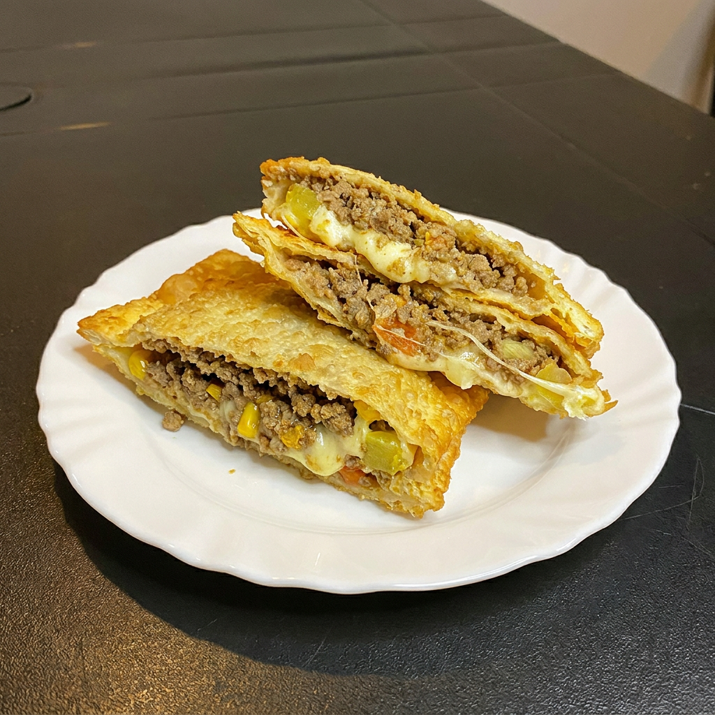 Delicioso pastel de 23cm recheado com: carne moída, mussarela, tomate, cebola e gotas de limão.