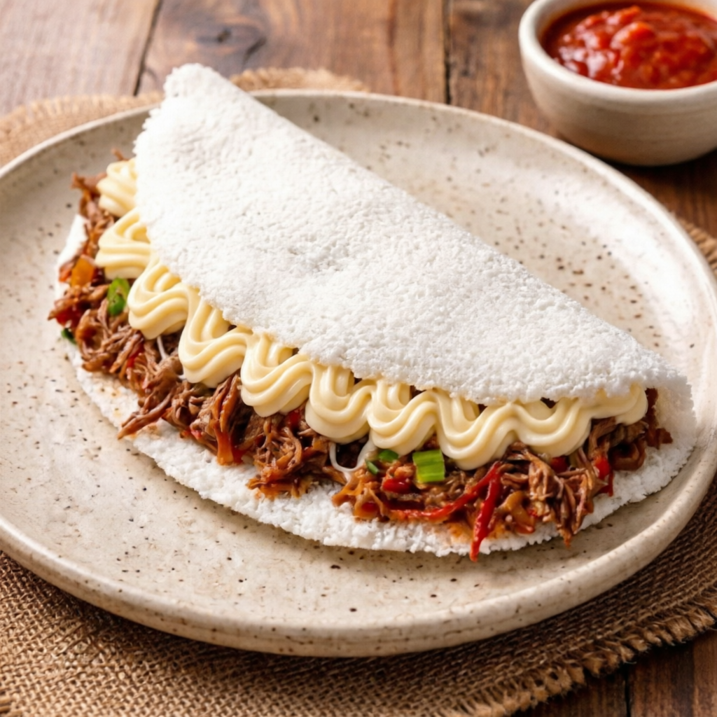 Massa de Tapioca recheada com carne bem temperada e desfiada e requeijão