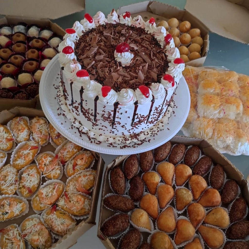 01 Bolo 15cm
15 brigadeiro
15 Coxinhas
15 Pãozinho tradicional
