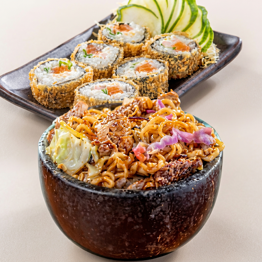 1 Mini yakisoba de frango acompanhado de 6 unidades de Hot Filadélfia empanados e crocantes. Um combinho cheio de sabor e textura!