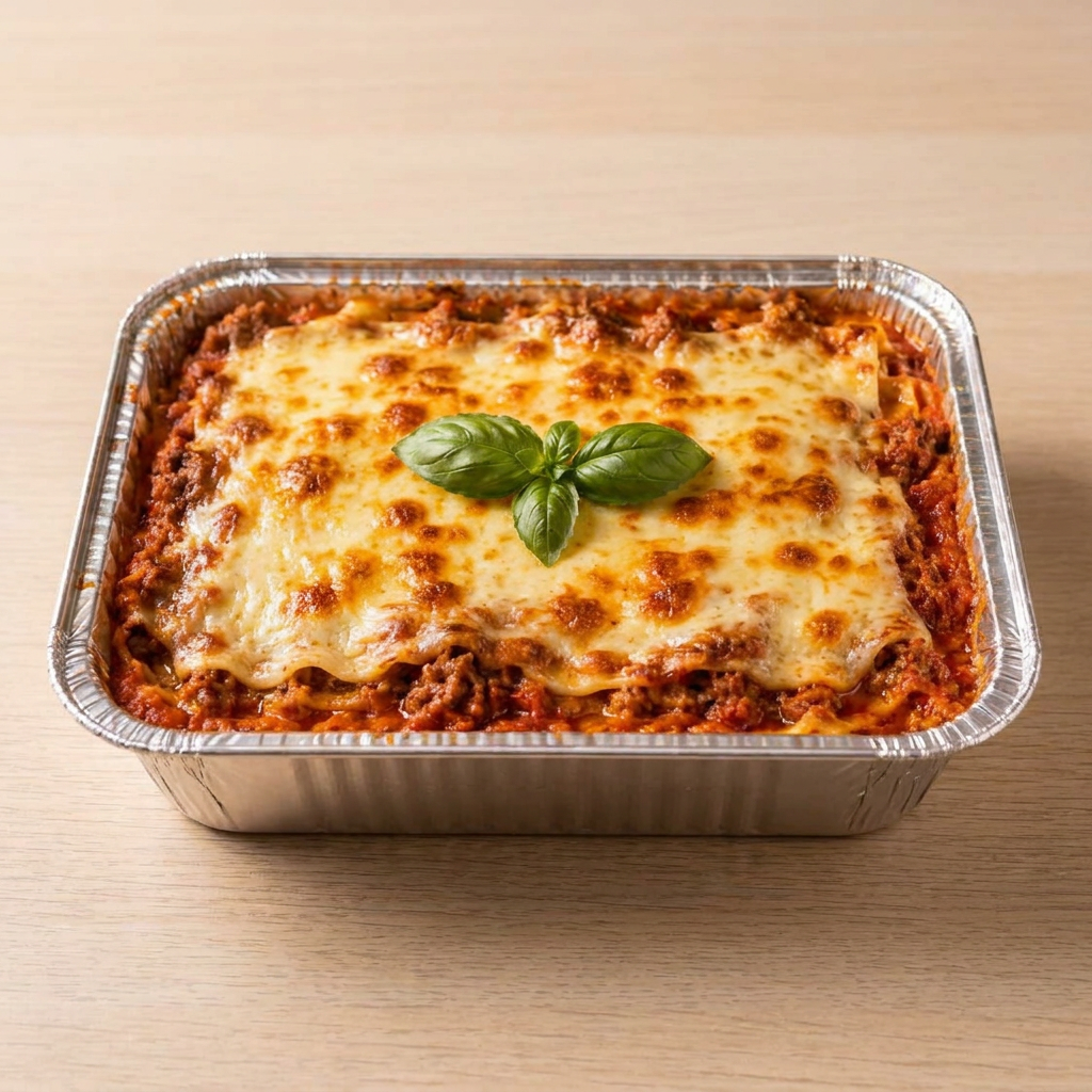 2 camadas de carne . 2 camadas de queijo , molho branco , Manjericão
700 gramas . Serve duas pessoas
Congelado
20 a 30 minutos no forno, cheque aos 20 ( Aqueça o forno e asse a 180 graus)