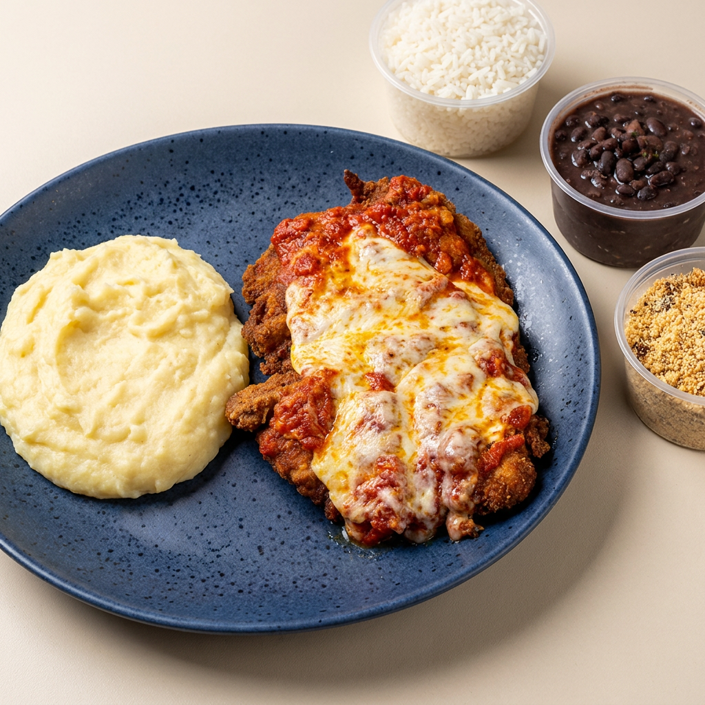 A base que você já conhece: Arroz, feijão, farofa e um acompanhamento.
Um saboroso bife de contrafilé empanado, com molho de tomate e queijo gratinado.
Nosso melhor para você!