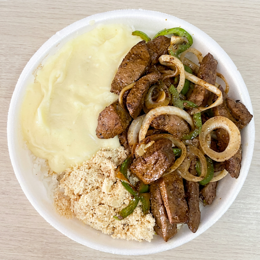Arroz, feijão, farofa, iscas de fígado e o seu acompanhamento favorito.
Nosso fígado é refogado com cebola, tomate e pimentão. Nos avise se desejar remover.