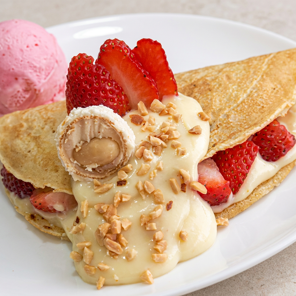 Crepe preparado com Creme Ninho, bombom Raffaello e pedaços de morango - acompanha sorvete de creme à parte.