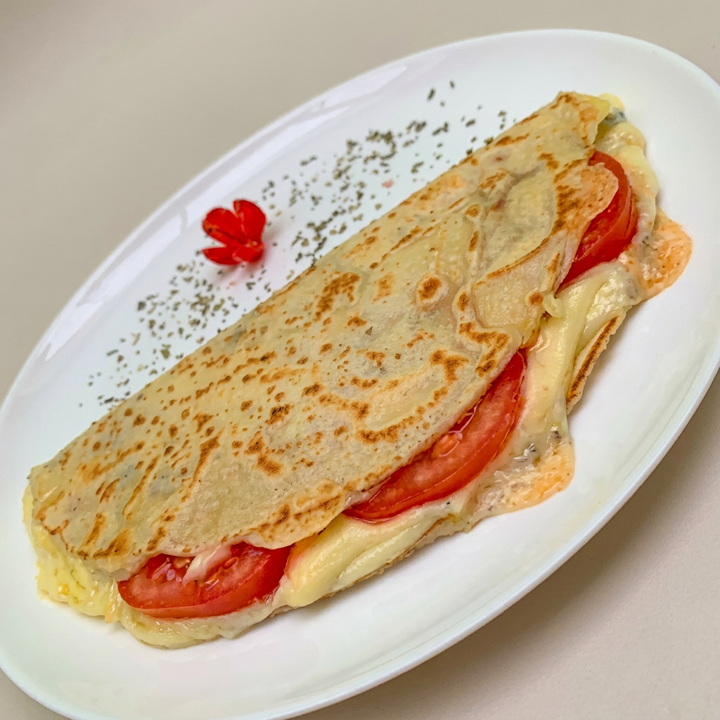 Delicioso Crepe recheado com muçarela e Catupiry, parmesão, gorgonzola, orégano e tomate.