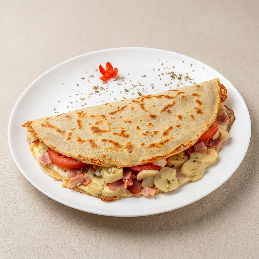 Delicioso Crepe recheado com muçarela derretida, uma bela porção de champignon, pedaços de bacon, orégano e tomate.