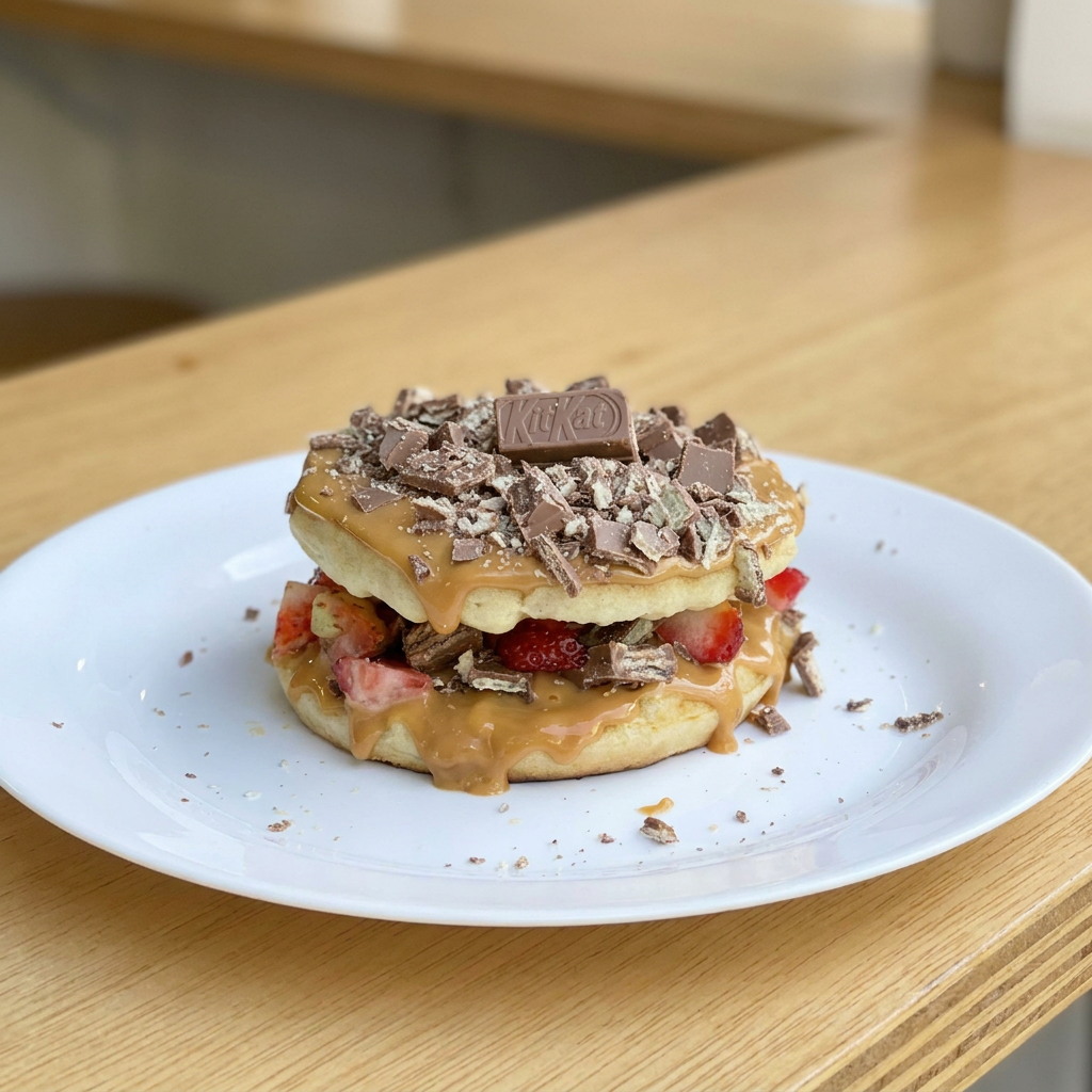 Delicioso e irresistível, nosso Waffle Kitkat é preparado com doce de leite, chantilly, pedaços de morangos. E para finalizar, pedaços de Kitkat são picadas e espalhadas por cima.