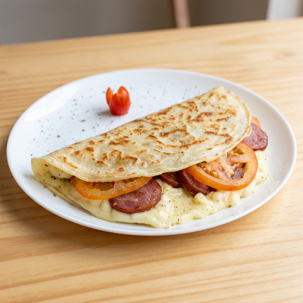 Delicioso Crepe recheado com Catupiry ou muçarela, uma bela porção de calabresa em fatias, orégano e fatias de tomate.