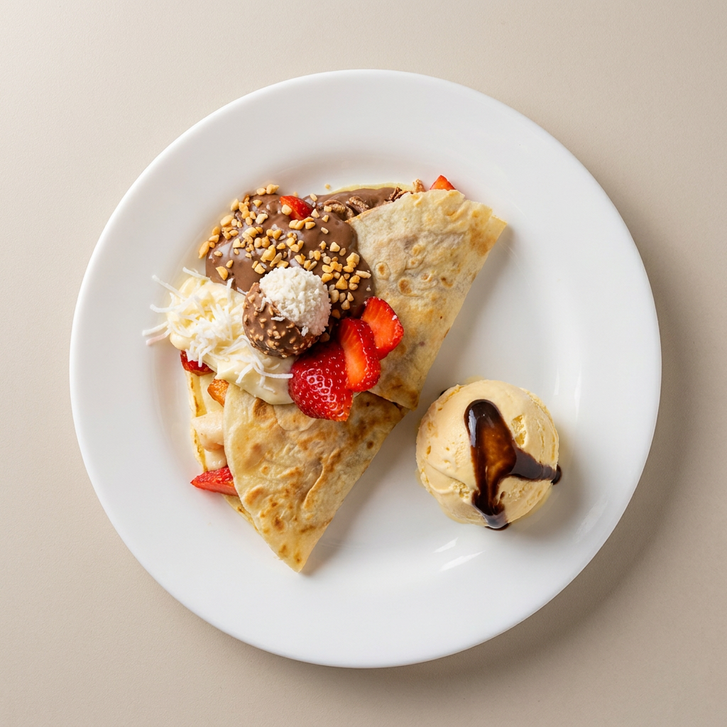 Crepe recheado com Creme Ninho, Creme de Avelã, coco, amendoim, bombons raffaello, ferrero rocher e pedaços de morango - acompanha sorvete de creme a parte.