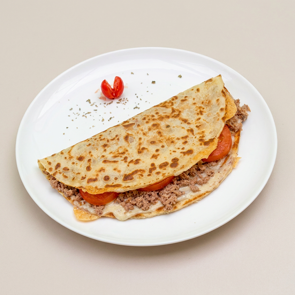 Delicioso Crepe recheado com muçarela, uma bela porção de atum, orégano e finalizado com tomate.