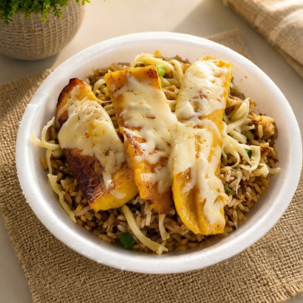 Arroz bem temperado com carne de sol, linguiça calabresa, bacon, pimentão, cebola, queijo e banana frita. Uma panelinha completa, saborosa e bem servida! Aproximadamente 600g