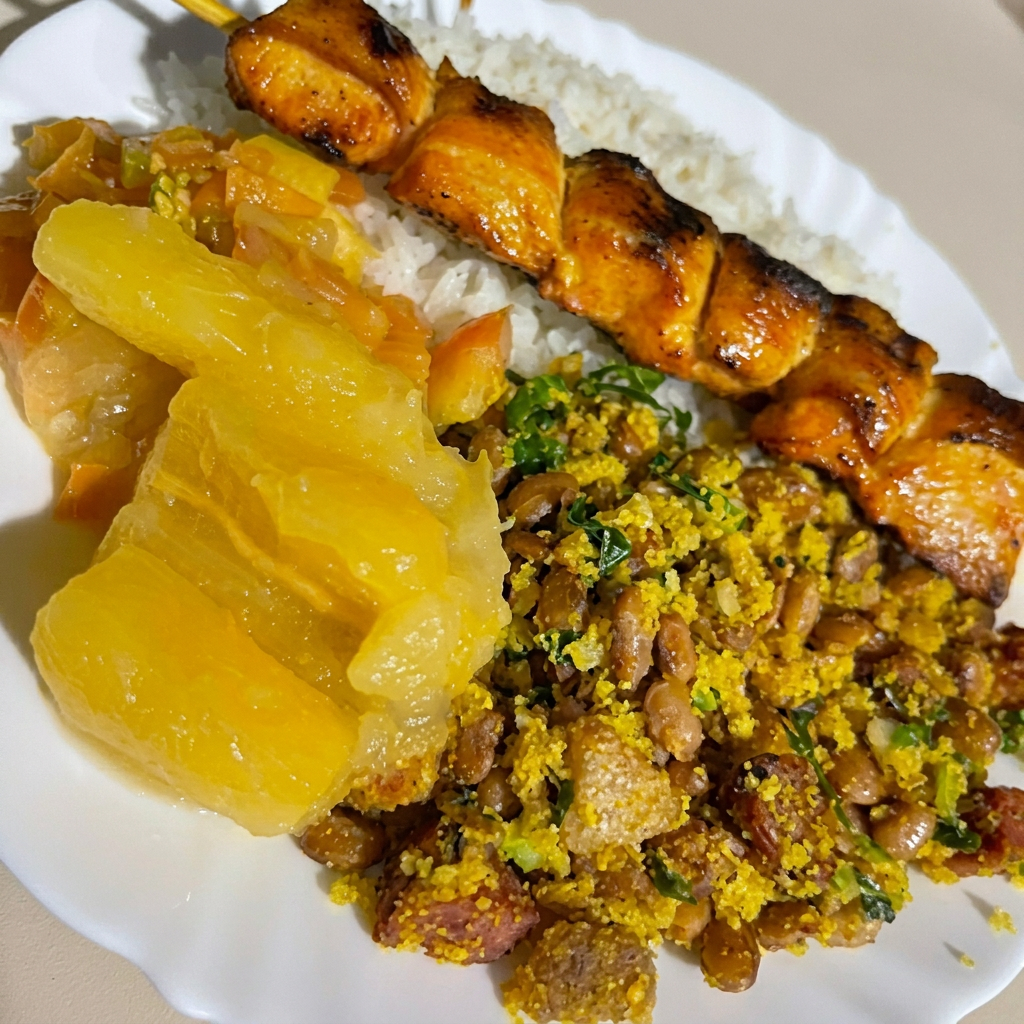 acompanha arroz, feijão tropeiro, mandioca, vinagrete e um espeto