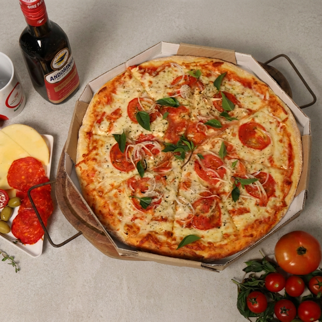 Deliciosa pizza de massa , coberta com molho de tomate fresco, queijo mozzarella derretido e manjericão fresco, perfeita para os amantes de sabores tradicionais.