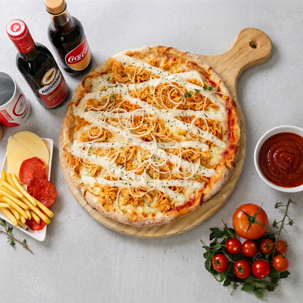 Pizza com molho de tomate, queijo mussarela, frango , cebola e oregano. Uma combinação que traz um sabor suculeto