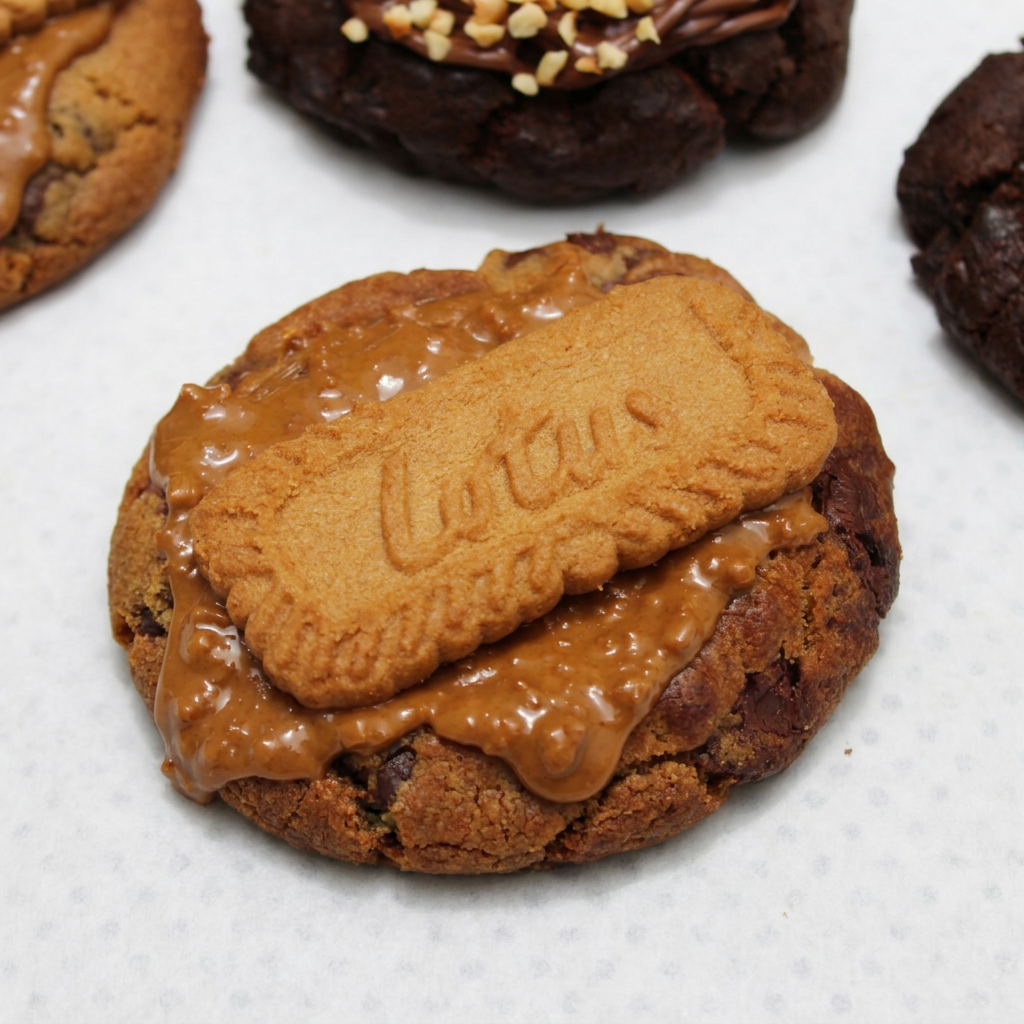 Nosso cookie chocolate chip, finalizado com pasta de caramel Lótus pura e biscoito Lótus crocante. Um dos mais pedidos da loja e esgota rápido! Garanta o seu antes que acabe!