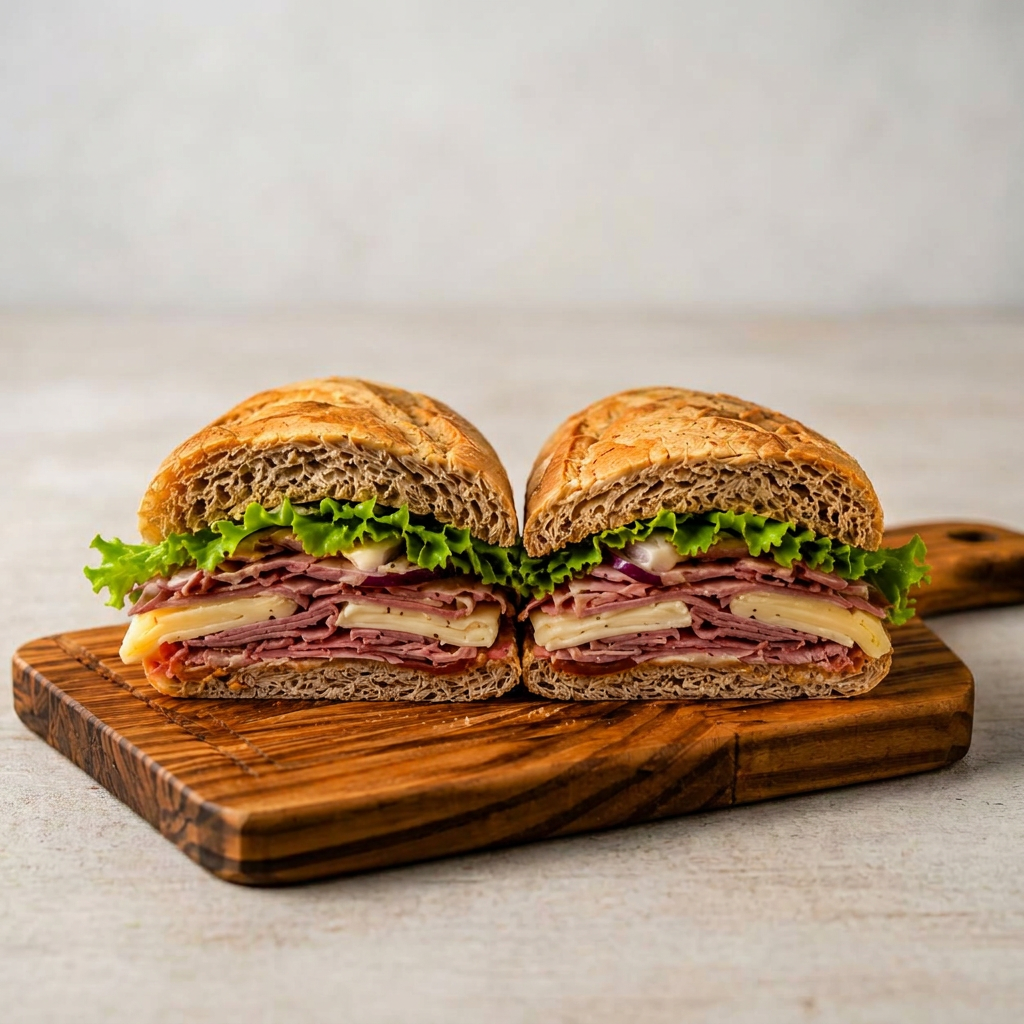 Um sanduíche artesanal com sabores marcantes e ingredientes selecionados. Fatias de pastrami, combinadas com a cremosidade do cream cheese, o sabor suave do queijo gouda, alface fresco, toque especial da cebola roxa e a intensidade da mostarda escura