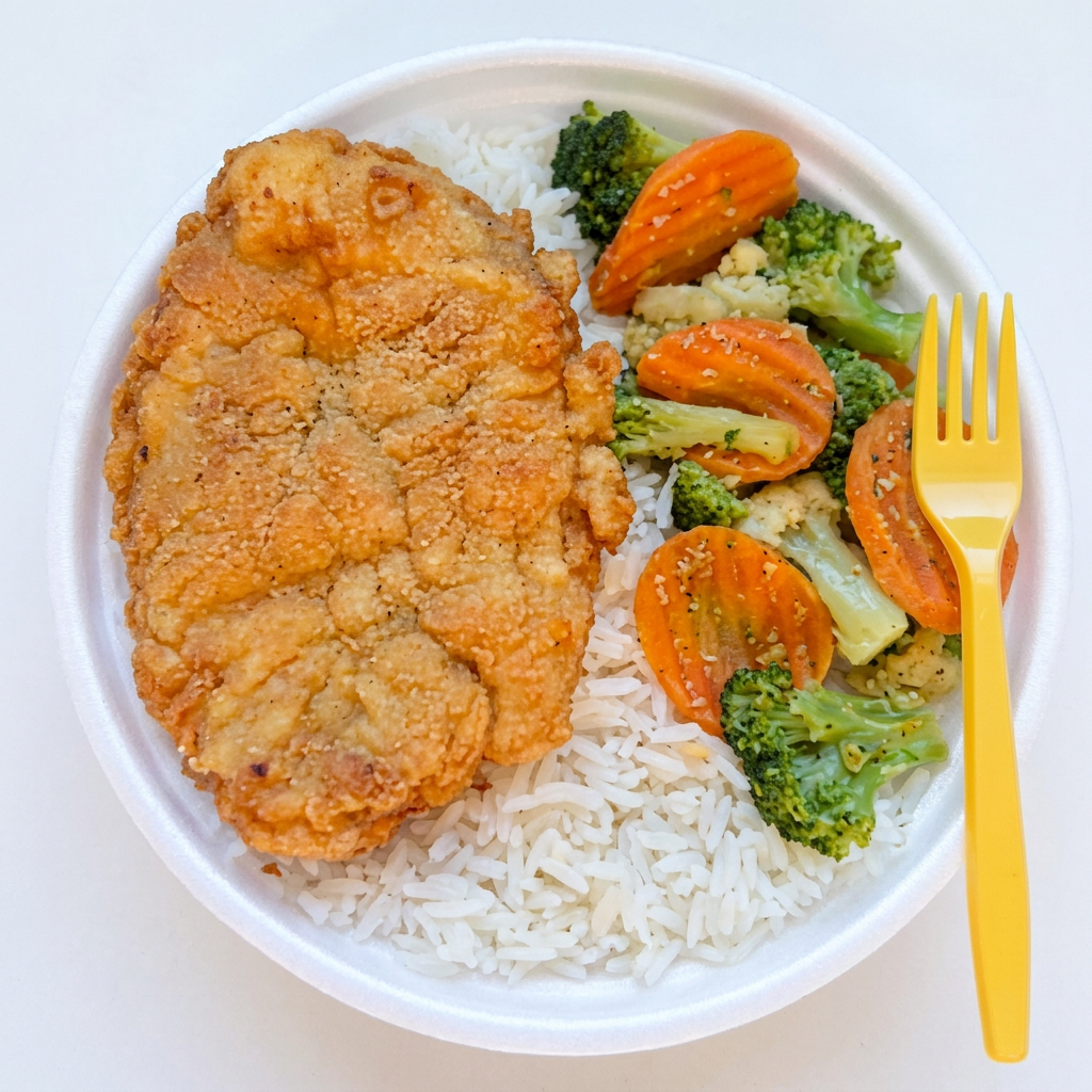 Arroz feijao farofa frango empanado e fritas