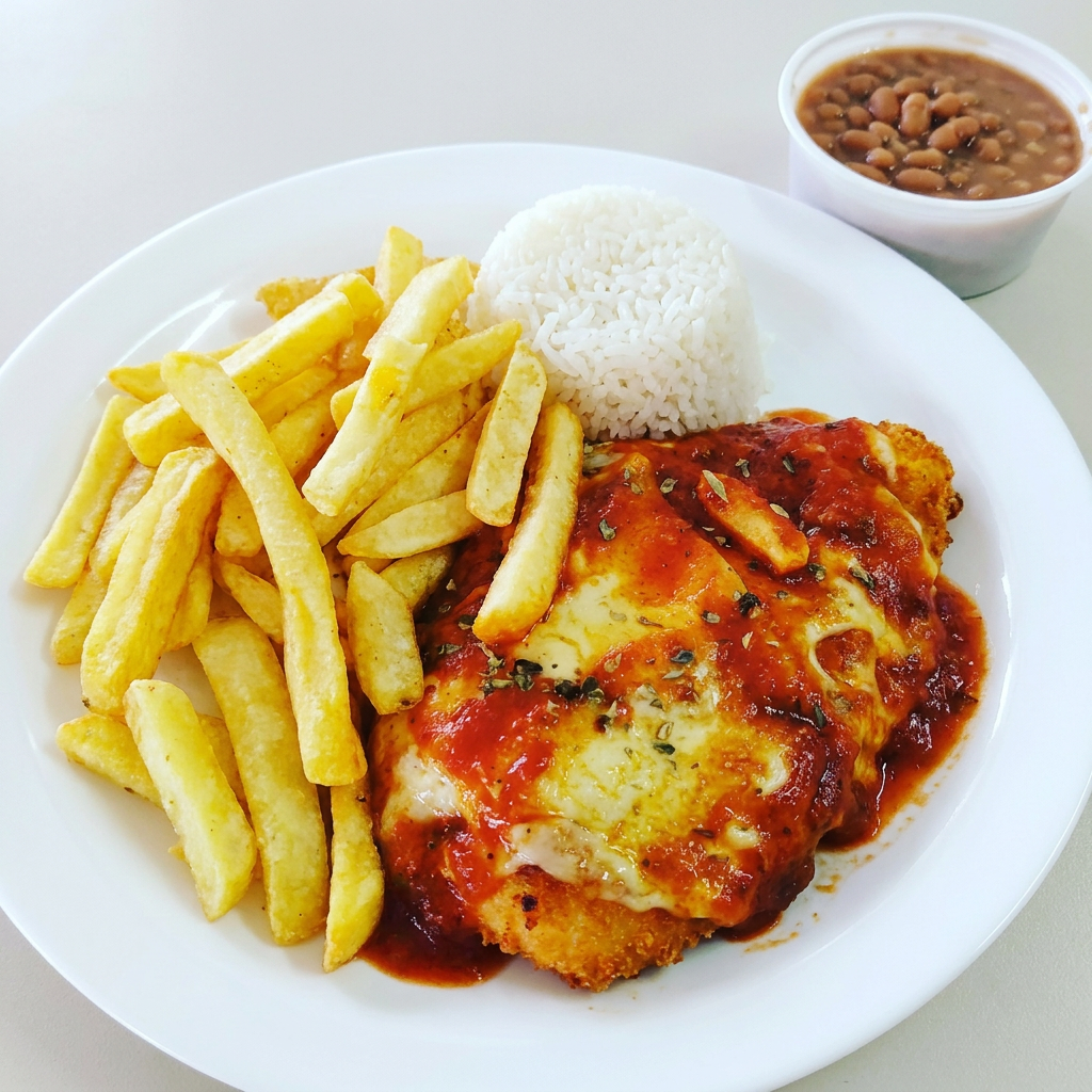 Arroz feijão frango a parmegiana com fritas