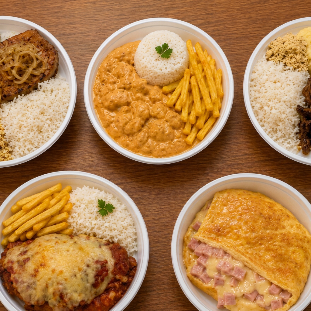 Carré com Fritas + Strogonoff de Frango + Fígado com Purê + Frango à Parmegiana + Omelete de Queijo e Presunto.