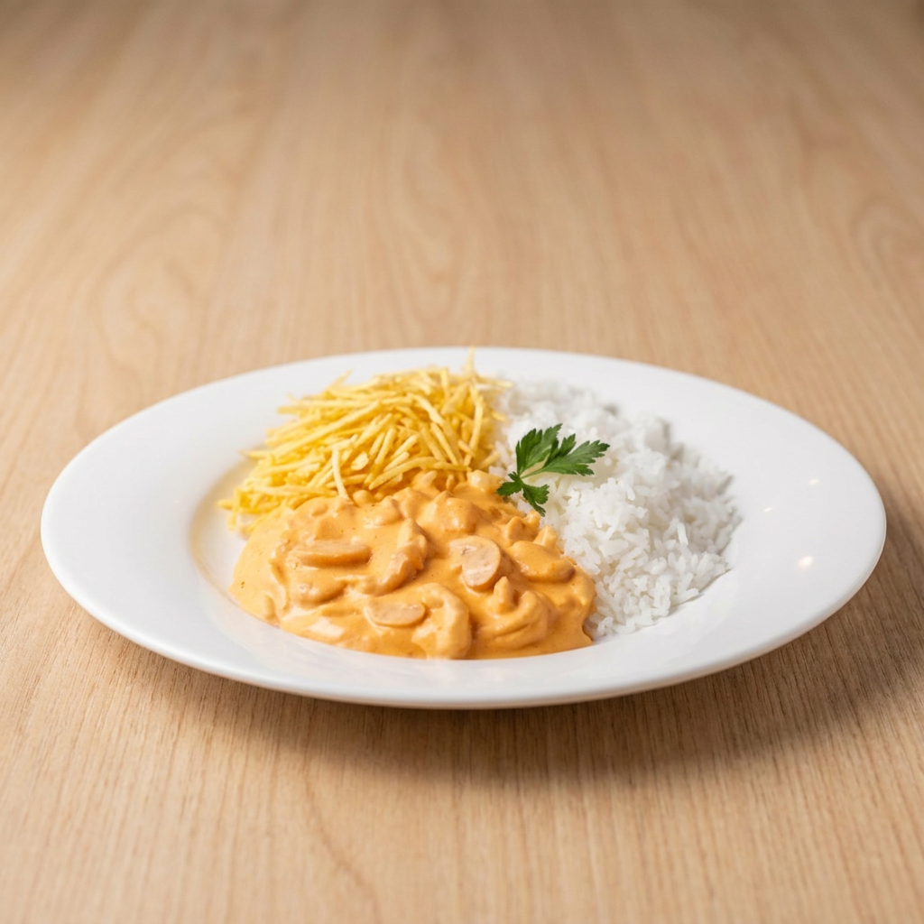Strogonoff de frango cremoso, acompanhado de arroz soltinho e batata palha crocante. Aproximadamente 500g de uma refeição deliciosa e bem servida!