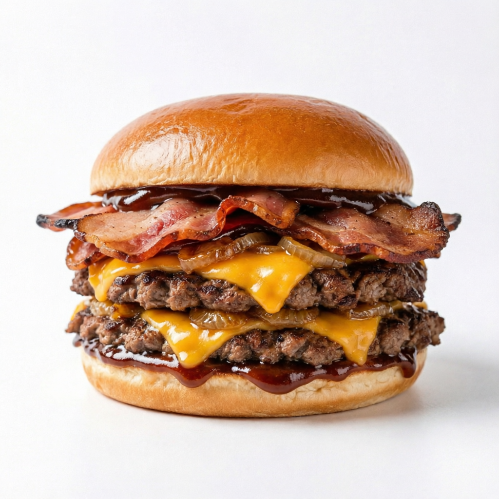Flash bacon: Pão brioche amanteigado, carnes smash 100g, cheddar cremoso em cada carne, cebola carameliada no mel, bacon crocante e molho barbecue defumado, uma combinação perfeita para a fome.