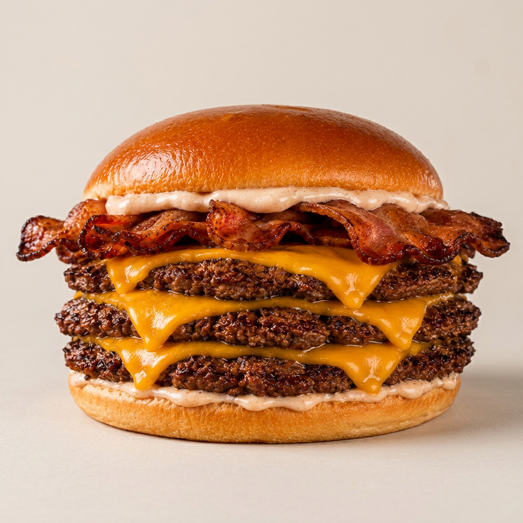 Flash triplo: Pão brioche amanteigado, 3 carnes smash 100g, fatias de queijo cheddar, bacon carnudo, maionese da casa e um toque de barbecue defumado para dar aquela suculência.