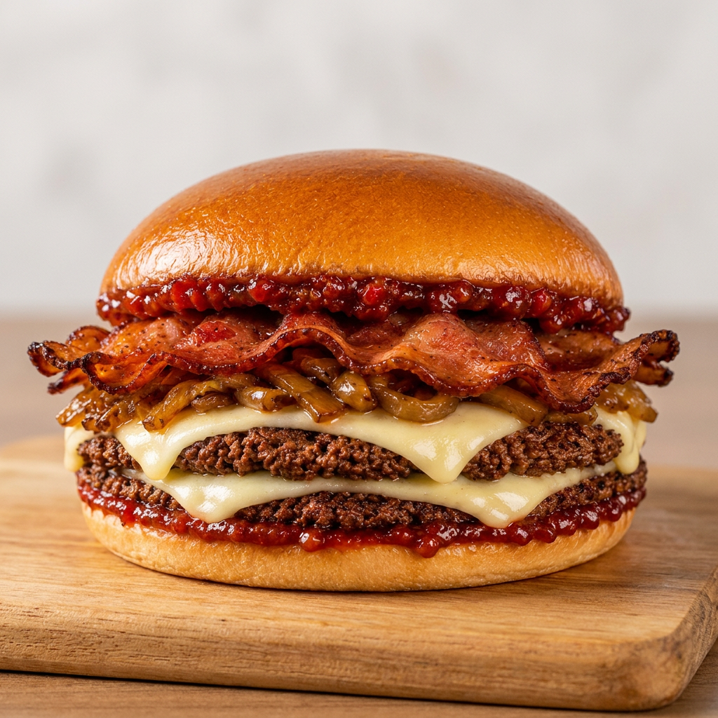 Flash agridoce: Pão brioche amanteigado, 2 carnes smash 100g, muçarela em fatia, bacon carnudo, cebola caramelizada no mel e molho de goiabada com leve toque e pomenta dedo de moça. Quem experimenta, se apaixona.