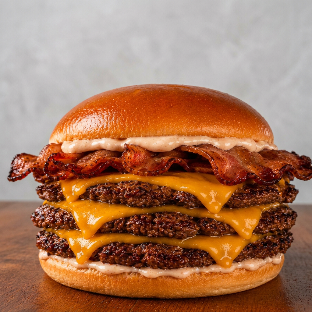 Flash triplo: Pão brioche amanteigado, 3 carnes smash 100g, fatias de queijo cheddar, bacon carnudo, maionese da casa e um toque de barbecue defumado para dar aquela suculência.