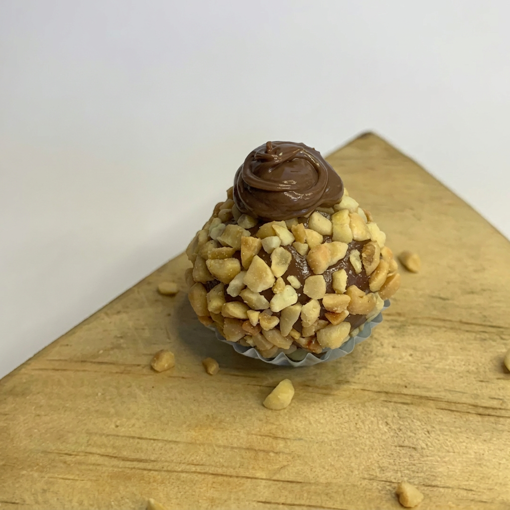 Brigadeiro tradicional passado no amendoim granulado, finalizado com Nutella