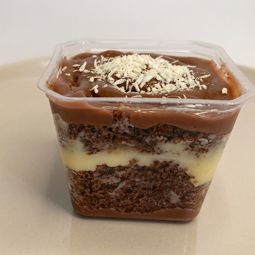 Brigadeiro cremoso de chocolate, bolo molhadinho de chocolate, recheado com brigadeiro cremoso de coco, finalizado com brigadeiro e coco ralado.