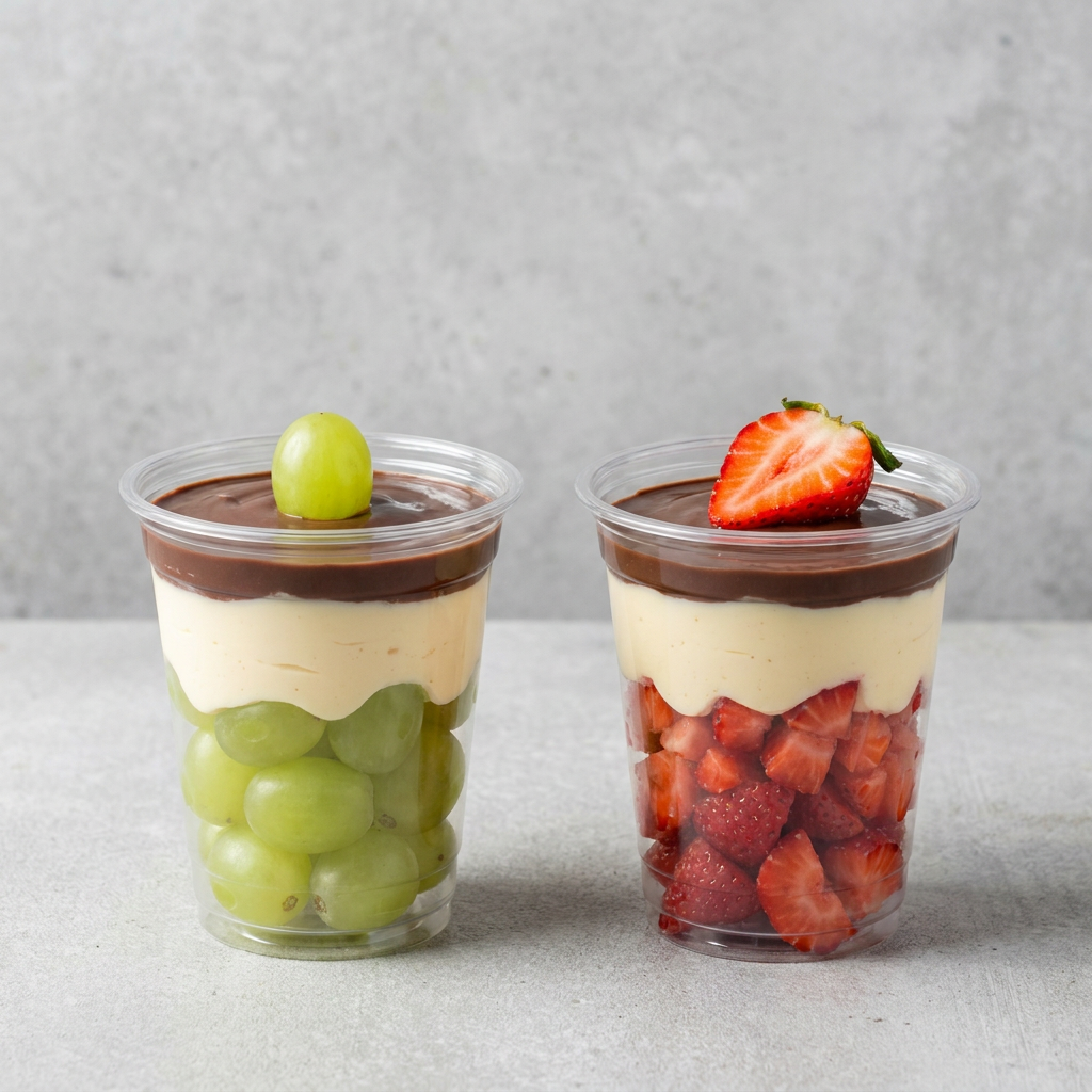 Uvas frescas com brigadeiro de leite Ninho cremoso, finalizado com ganache de chocolate bland.