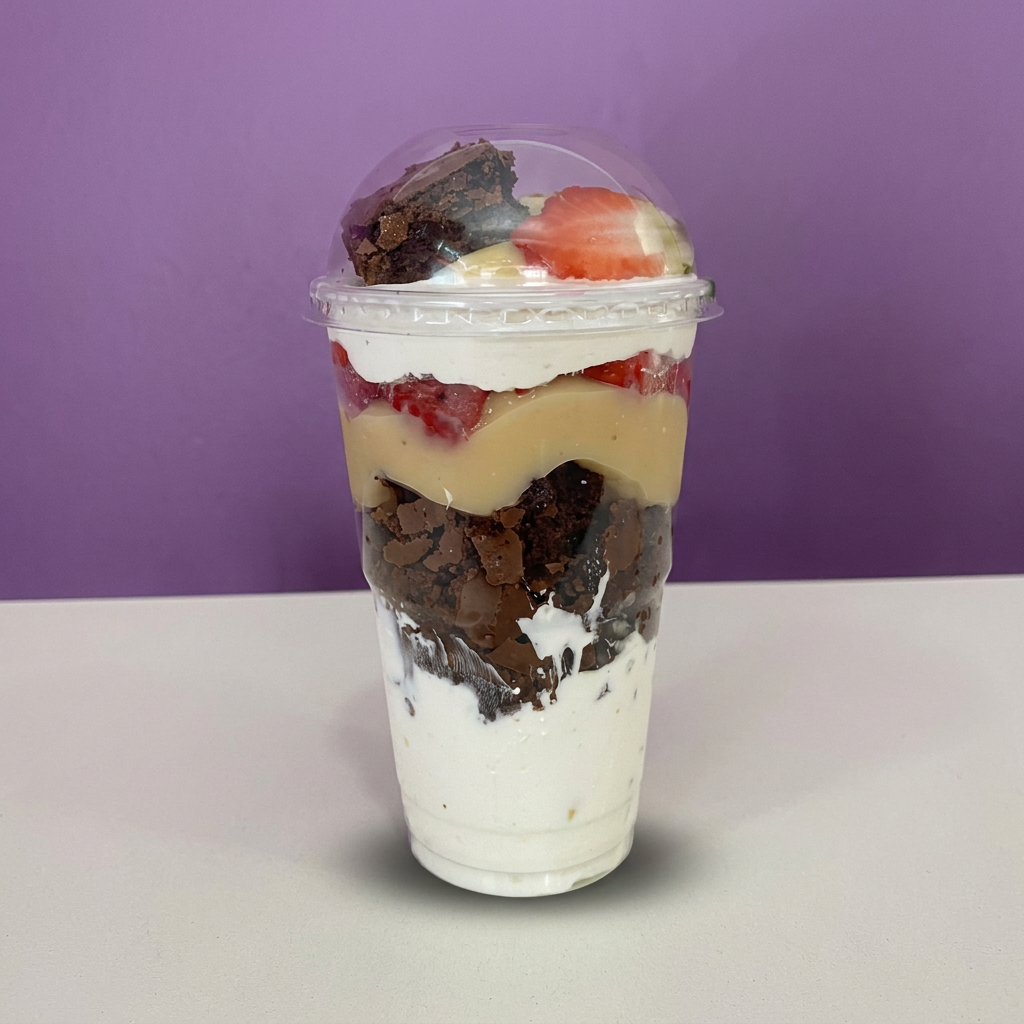 Mousse de leite Ninho com pedaços de Brownie, brigadeiro de leite Ninho cremoso com morangos frescos, finalizado com morango e Brownie