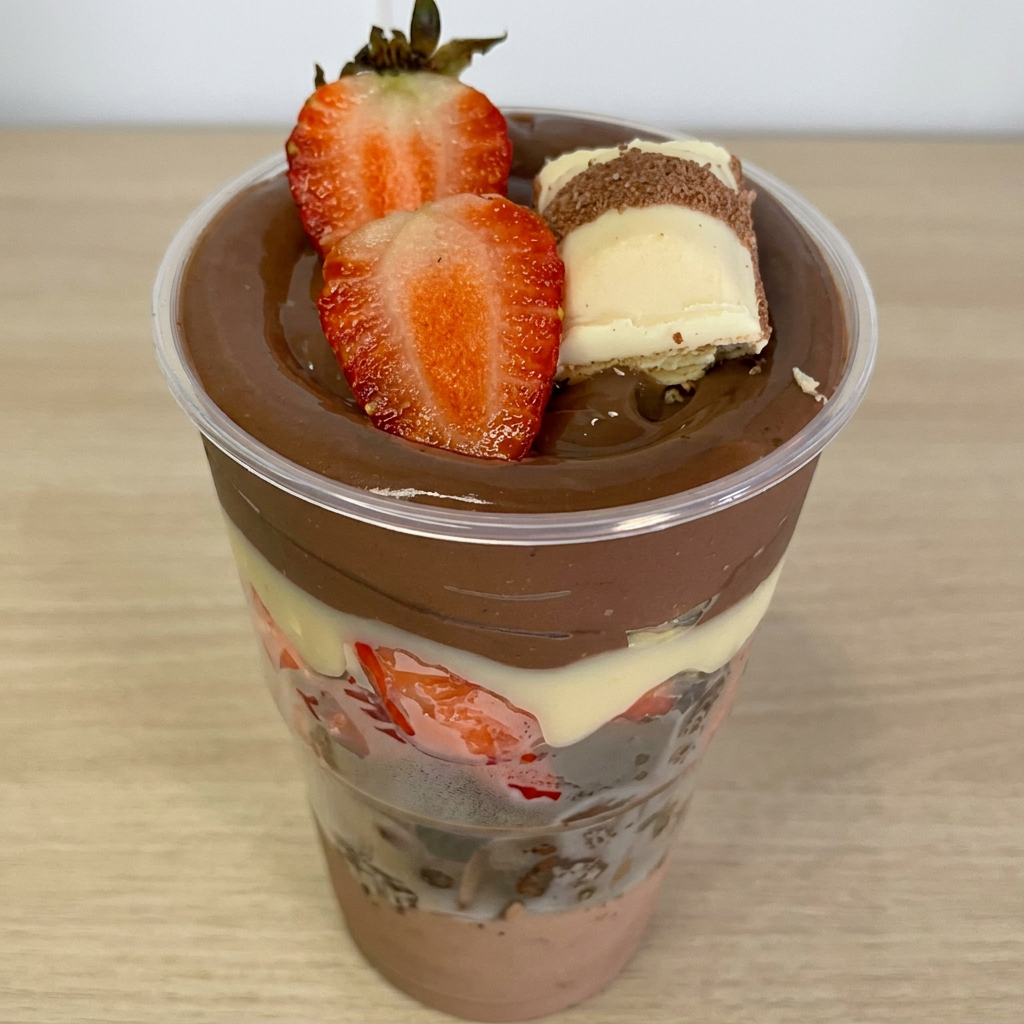 Feito com mousse de chocolate, pedaços de Brownie, morangos frescos , brigadeiro de leite ninho, Nutella pura e brigadeiro de chocolate. Finalizado com morango e um Kinder Bueno.