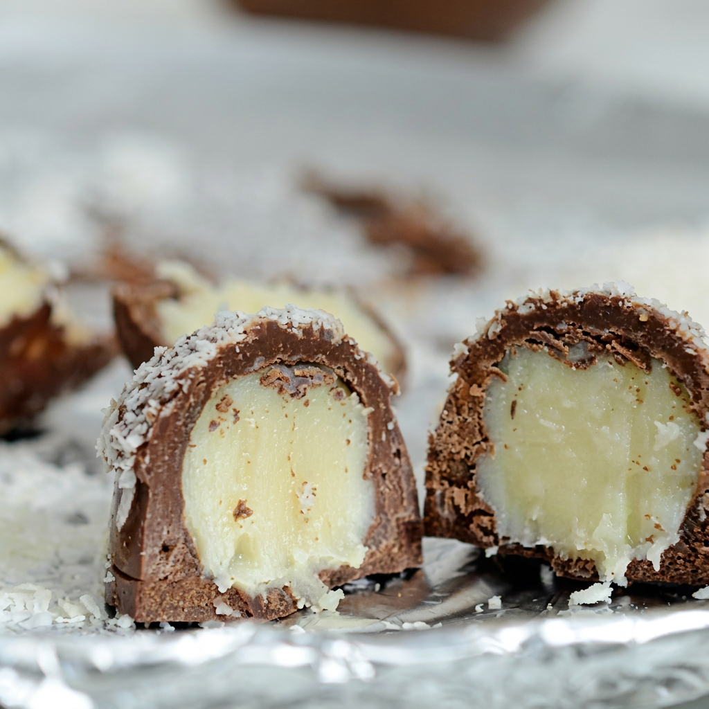 Casquinha de chocolate bland, recheada com beijinho de coco cremoso . *Imagem ilustrativa *