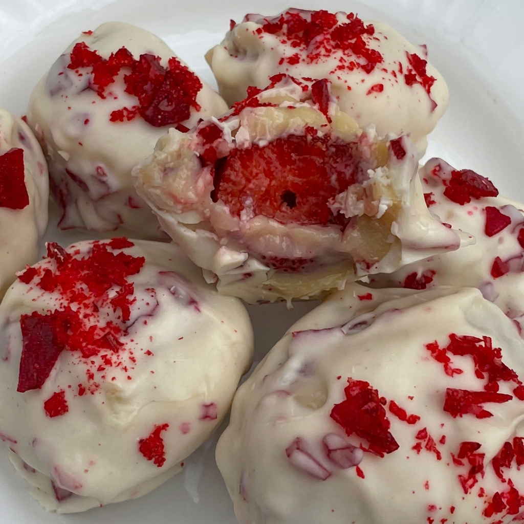 Morango fresco envolvido no brigadeiro de leite Ninho, banhado no chocolate branco com calda crocante de morango do amor.
